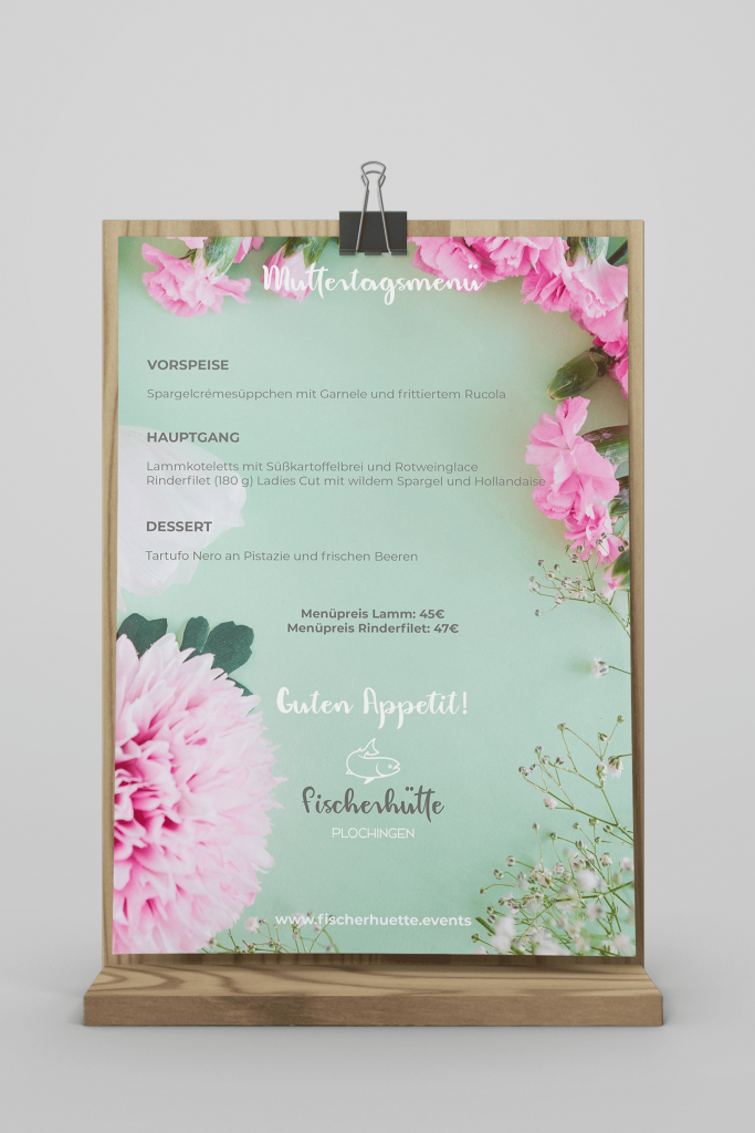 Muttertagsmenü-Karte im Holzständer, florales Motiv