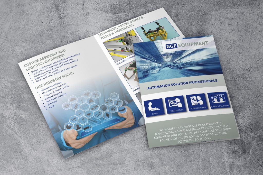 NGE Equipment Broschüre aufgeklappt, Innenseiten und Titel