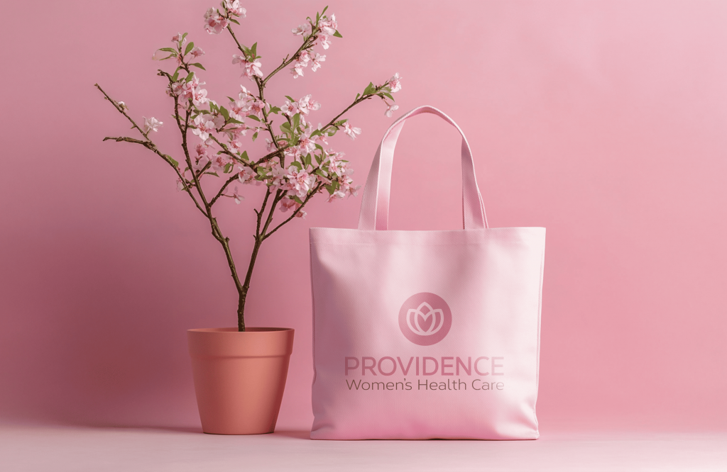 Rosa Tragetasche mit Providence-Logo vor rosa Wand