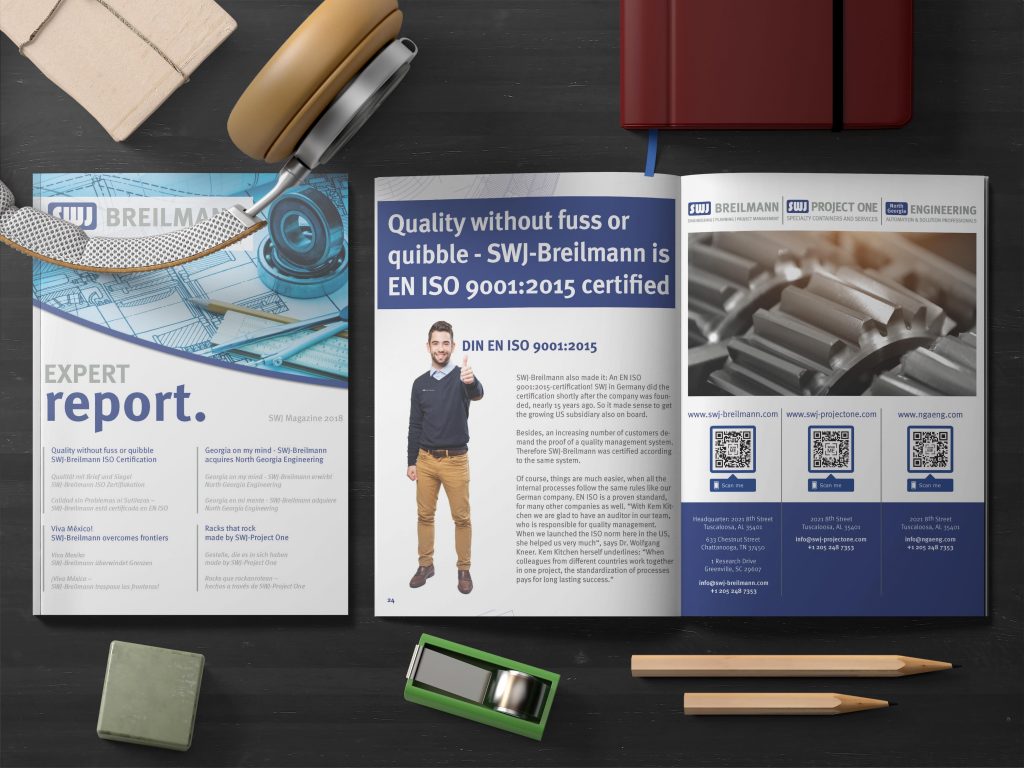 Unternehmensmagazin ‚EXPERT report.‘ mit Titel und Doppelseite zu ISO 9001:2015, QR-Codes und Markenlogos