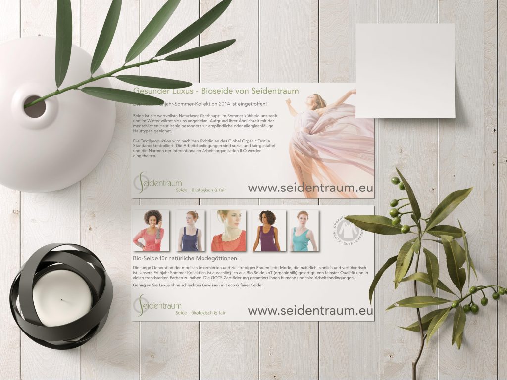Seidentraum Banner/Flyer: ‚Gesunder Luxus – Bio-Seide‘ mit Foto, Produktbilder-Leiste und URL seidentraum.eu auf hellem Holz-Hintergrund