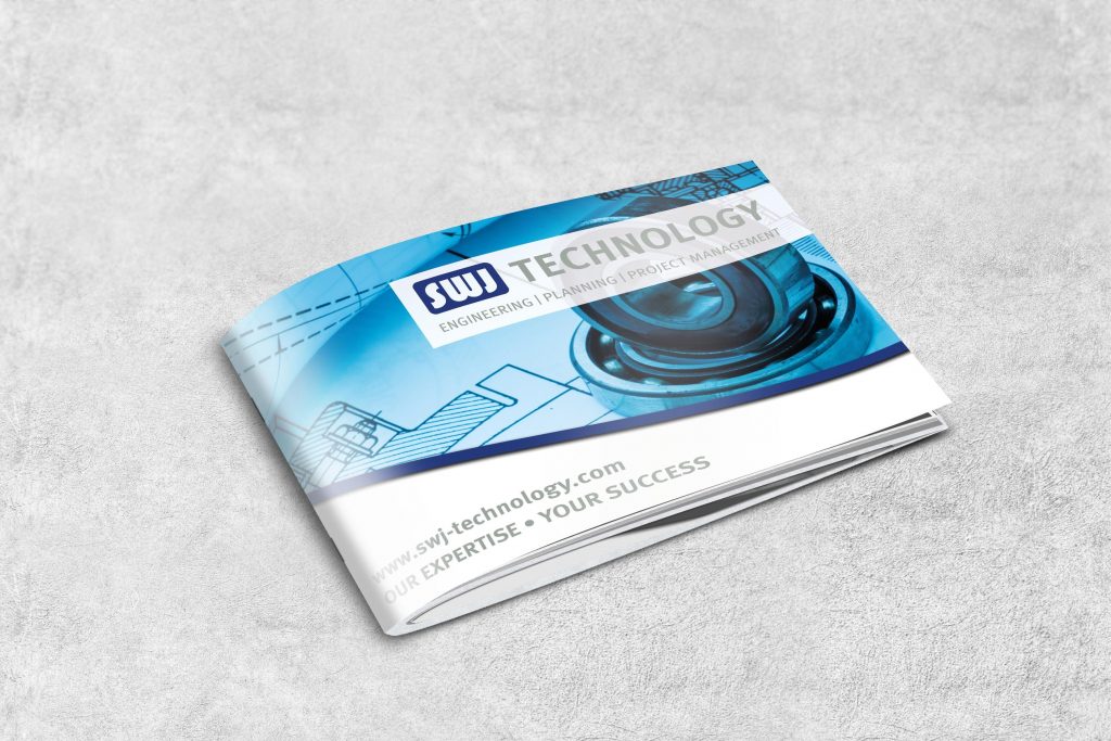 SWJ Technology Broschüre mit blauem technischen Motiv und Logo auf grauem Hintergrund