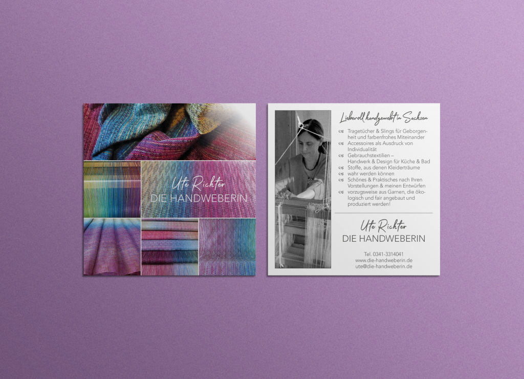 Quadratischer Flyer Die Handweberin, Stoff-Collage