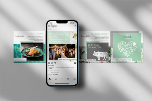 Social-Media-Set für Fischerhütte mit Posts und Smartphone-Ansicht
